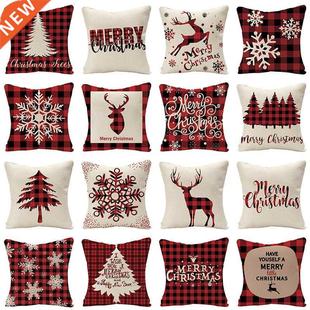 Plaid Christmas Cushions Linen Reindeer Scottish Case Red
