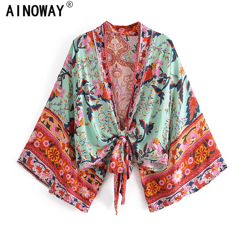 Boho Vintage Floral Print Sashes short Kimono Women 2021 Fas