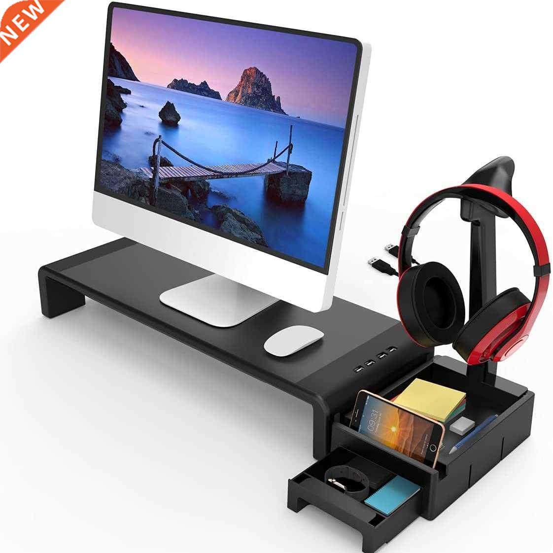 Monitor Stand with 4 USB Ports Adjustable Width, Laptop Desk