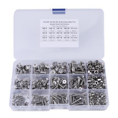 440pcs M3 M4 M5 Stainless Steel Hex Socket Flat Head Screw