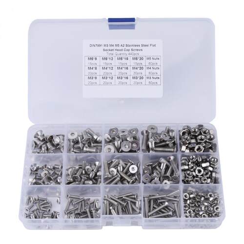 440pcs M3 M4 M5 Stainless Steel Hex Socket Flat Head Screw