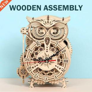 Wooden Puzzle 3D Owl Clock Model Building Block Kits Creativ
