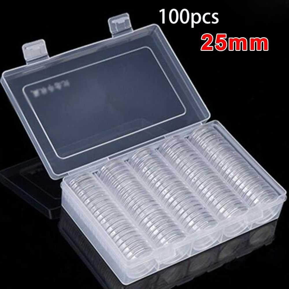 100Pcs/Box Coin Box Clear 25mm Round Boxed Holder Plastic St