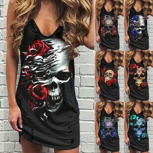 Skull Print Women Sleeveless Shirt Dress Summer Gothic Style