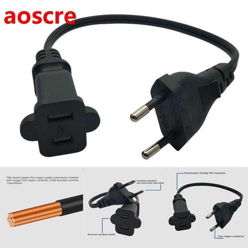 European 2 Pin Male Plug to USA Female Power Adapter Cable,E