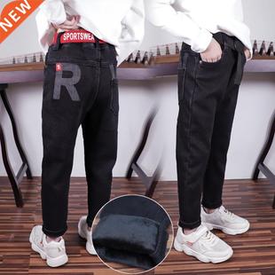 Boys Fleece Pants Autumn Winter Black Jeans Kids Casual Trou