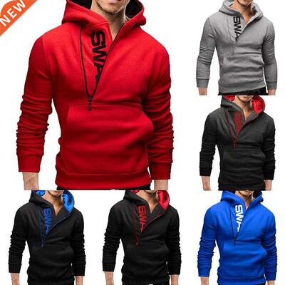 Sports Men Plus Size Slant Zipper Letter Hoodies Long Sleeve