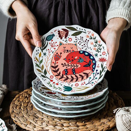 8 inch Colorful Cat Dinner Plate Under-glazed Ceramic