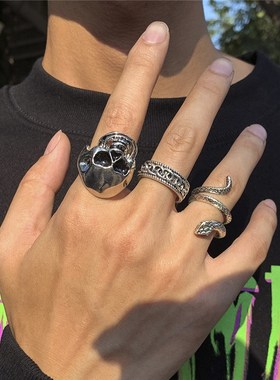 3pcs/set Punk Vintage Silver Color Skull Snake Carved Ring S