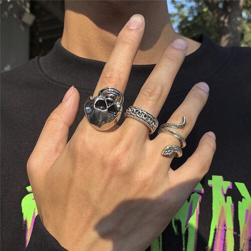 3pcs/set Punk Vintage Silver Color Skull Snake Carved Ring S