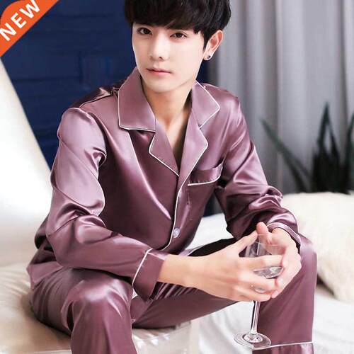 2021 New Men's Stain Silk Pajama Set Men Silk Sleepwear