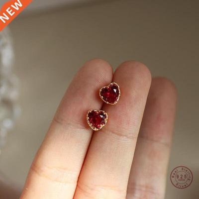 925 Sterling Silver Red Heart Stud Earrings For Women Luxury