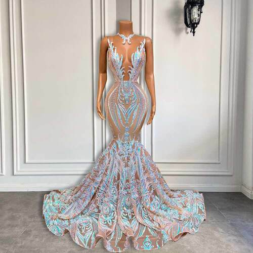 Long Sparkly Prom Dresses 2022 Sheer O-neck Sleeveless Real