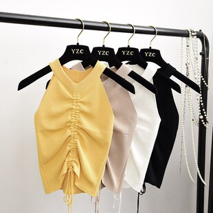 Stretchable Knit V Neck Crop Camis Tops Summer Women Solid C