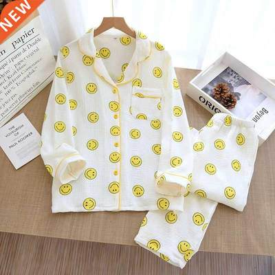 Smile Face Pure Cotton Women Home Clothes Lapel Long-sved