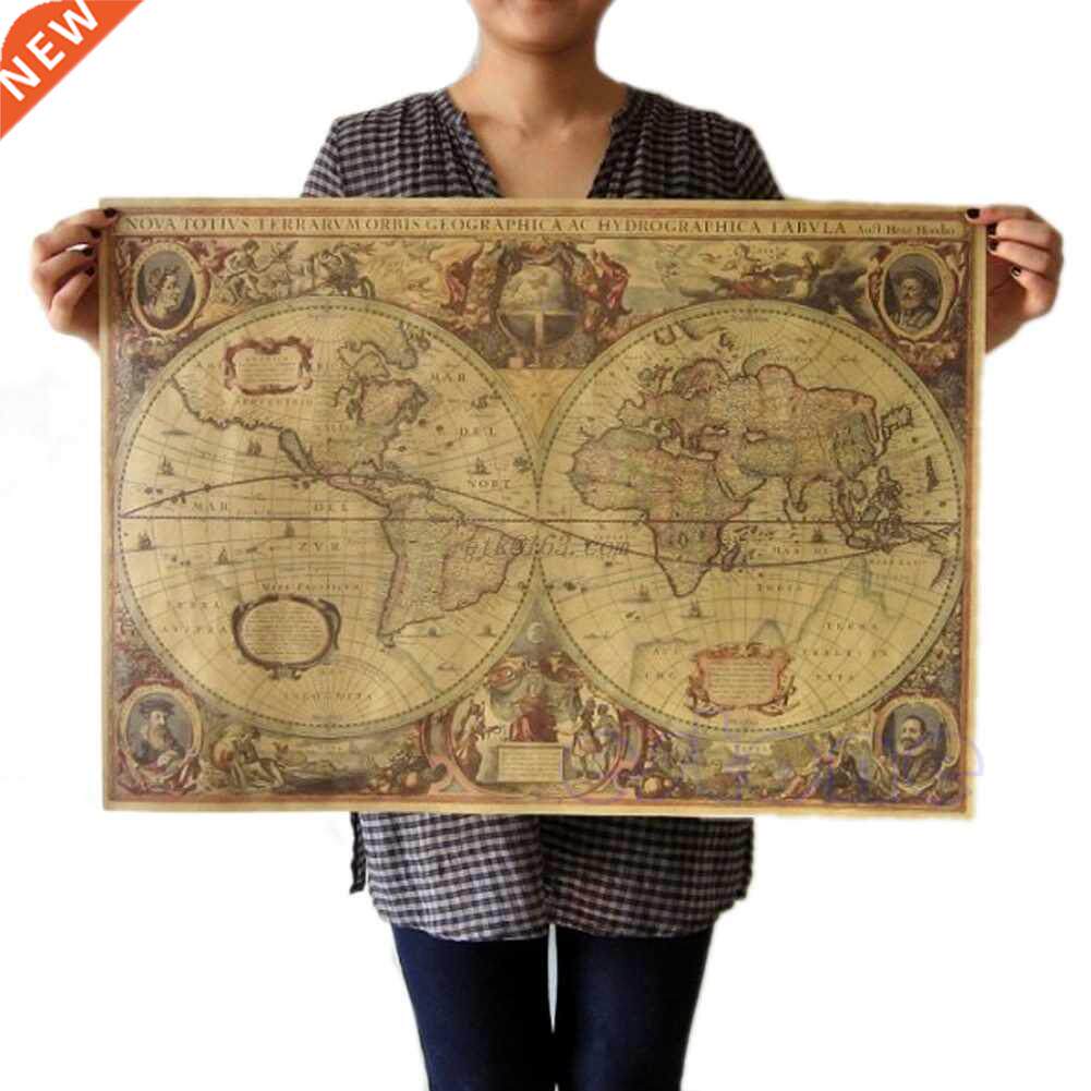 Vintage Kraft Paper Poster World Map Great Building Wall St