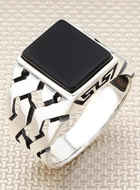 Square Black Onyx Stone Men Ring With Chain Motif 925 Sterli