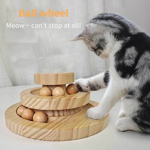 Solid Wood Cat Toy Wooden Wheel Rolling Ball Double Triple F