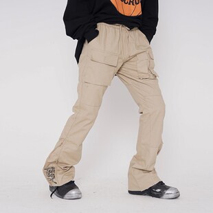 Harajuku Chinese Dragon Embroidery Side Zipper Flare Pants M