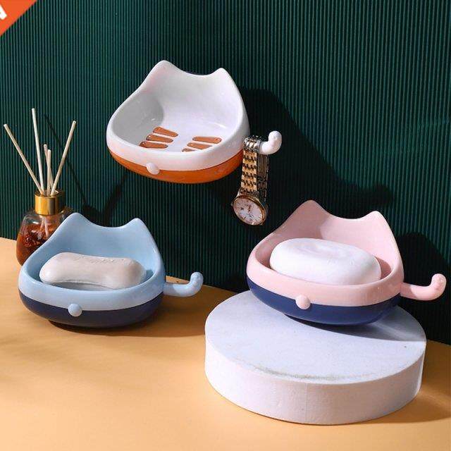 Kawaii Adhesive Soap Dish with Cat Tail Hook Soap Holder Wal