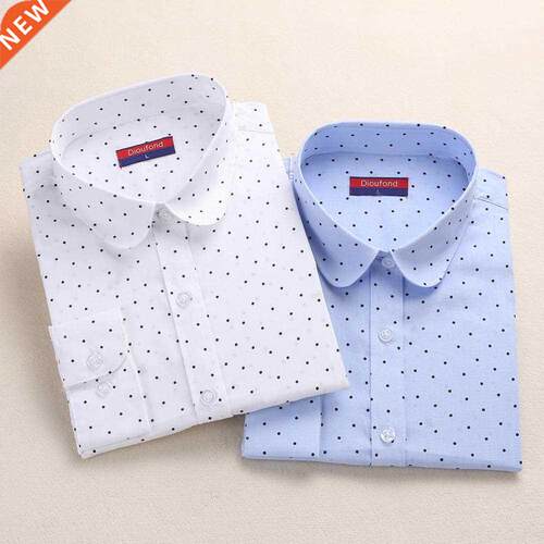 2021 Plus Size Polka Dot Cotton Women Blouses Shirt Long Sle