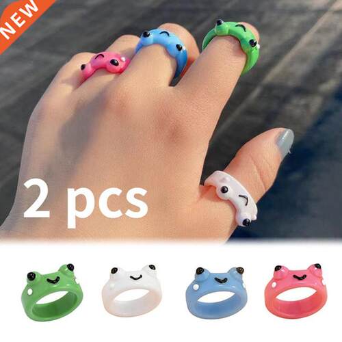 2Pcs Cute Frog Rings Polymer Clay Resin Acrylic Rings for Wo