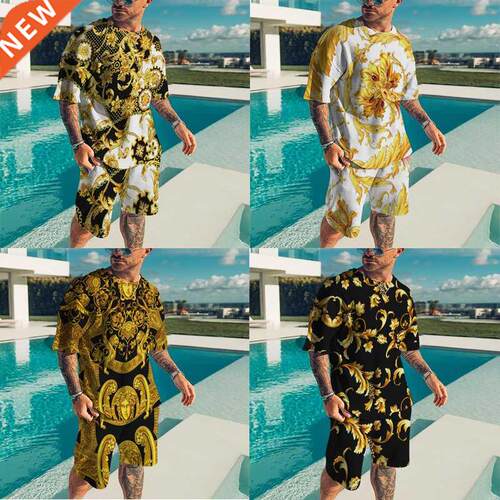 T-Shirt for Mens 3D Printing Crew Neck Short Sleeve Tee Set