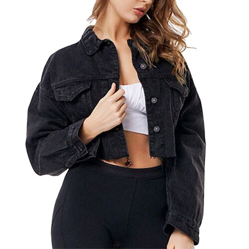 New Black Drop Shoulder Long Sleeve Frayed Hem Ripped Crop D