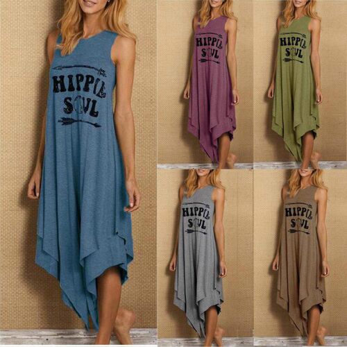 Women Sleeveless Tank Dress Fashion Loose Letter Printed O-N