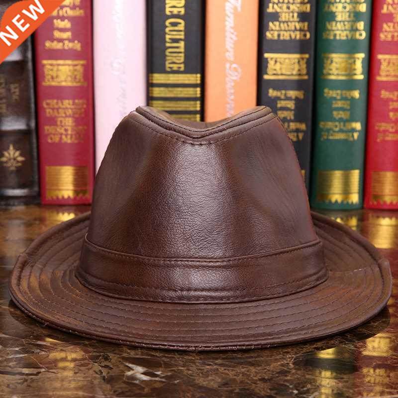 Male 100% Genuine Leather Jazz Hat Adult Fedoras Hat Male Sh
