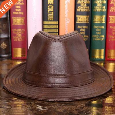 Male 100% Genuine Leather Jazz Hat Adult Fedoras Hat Male Sh