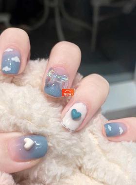 Short 24pcs Fake Nails Sky Blue Cloud Acrylic Nail Tips Hear