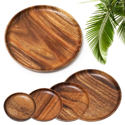 10.5-24 cm Acacia Wood Dinner Plates Unbreakable Round Wood