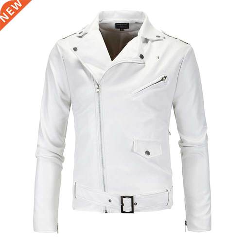 Men Slim White Leather Jackets Oblique Zipper Motorcycle Jac