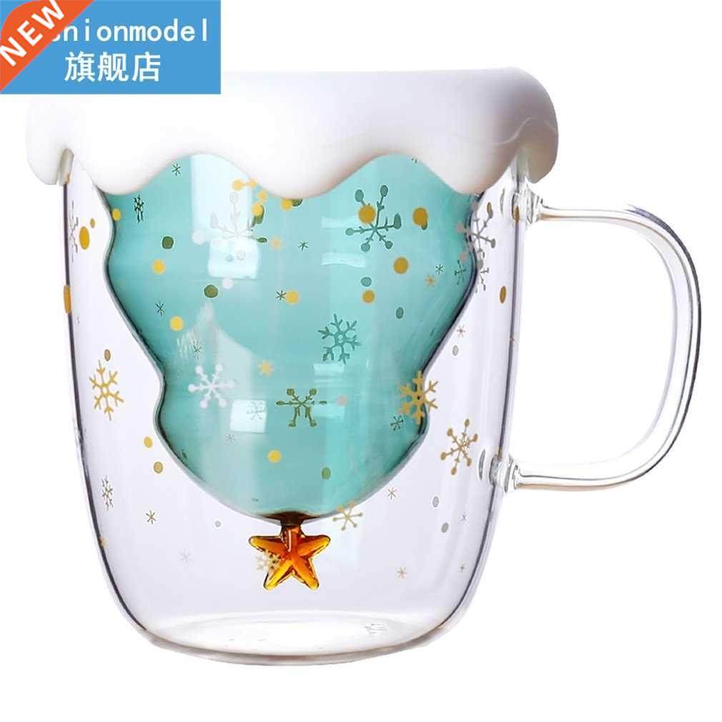 00ML Double Layer Christmas Glass With Lid Milk Mug Christm