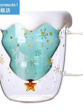 00ML Double Layer Christmas Glass With Lid Milk Mug Christm