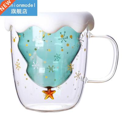 00ML Double Layer Christmas Glass With Lid Milk Mug Christm