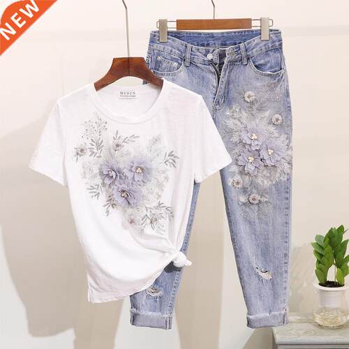 Amolapha Women Sequined Beaded D Flower Cotton T-shirt +Cal