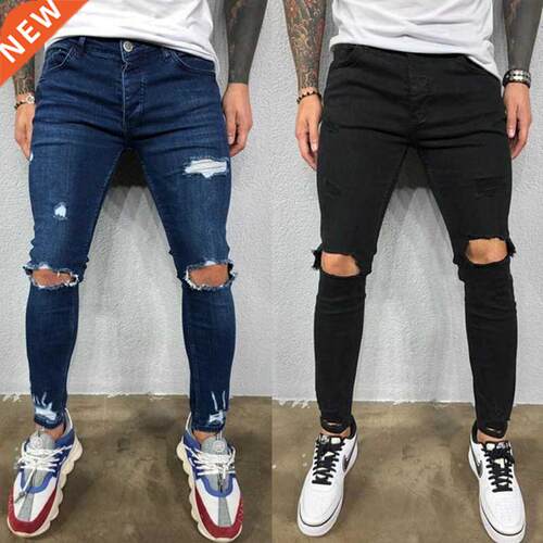 Men Jeans Black Blue Cool Skinny Knee Hole Ripped Stretch Sl