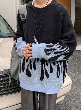 Winter Sweater Men Thicken Loose Print Flame Knitted Sweater