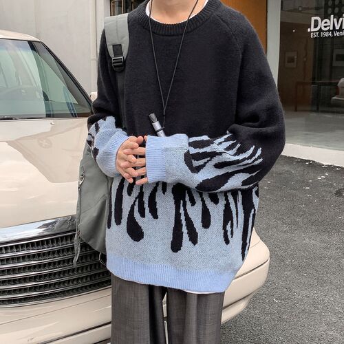 Winter Sweater Men Thicken Loose Print Flame Knitted Sweater