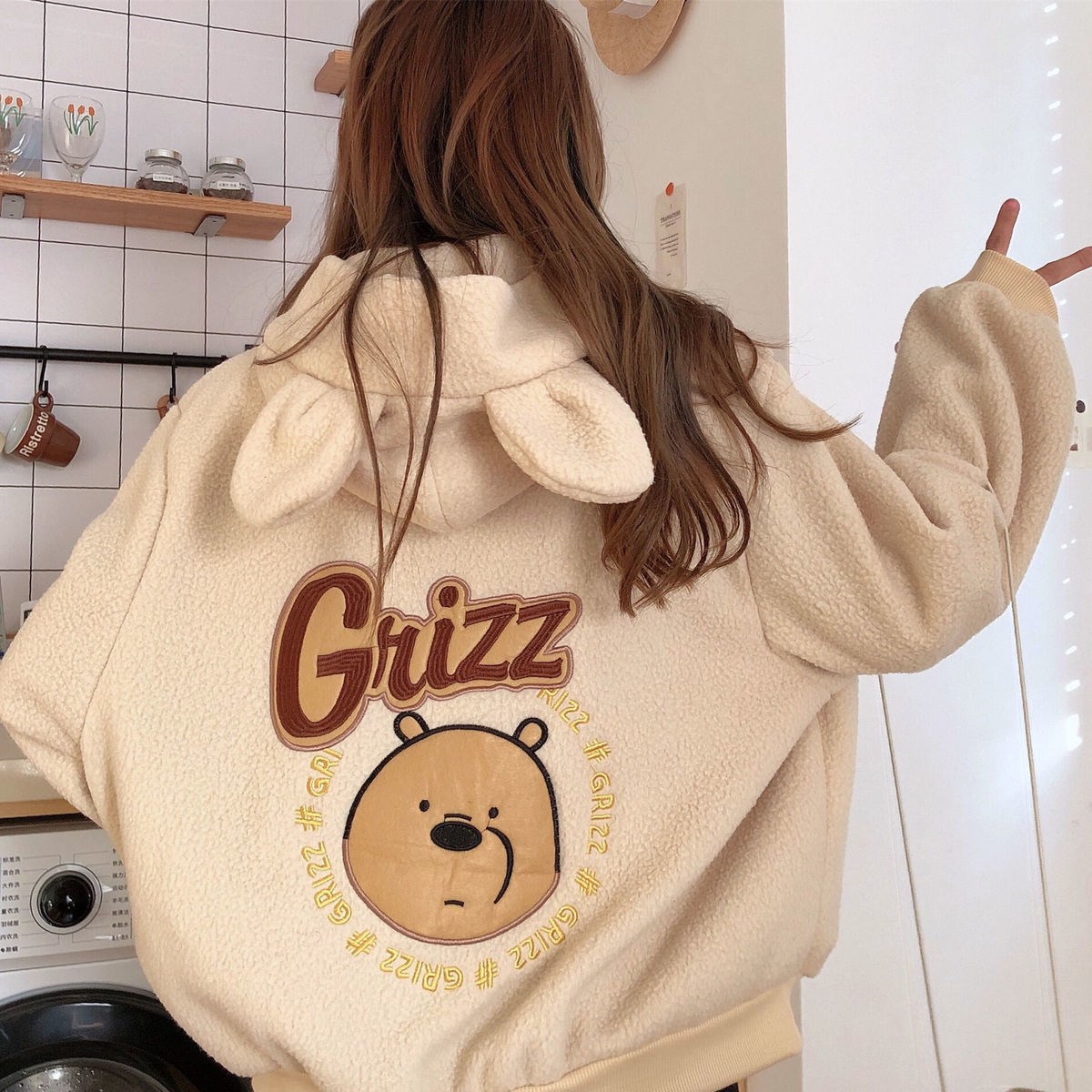 Autumn Winter Zipper Coat Sweet Hooded Bear Print Harajuku L