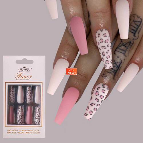 24/30Pcs Pink Leopard Designs False Nails French Long Coffin