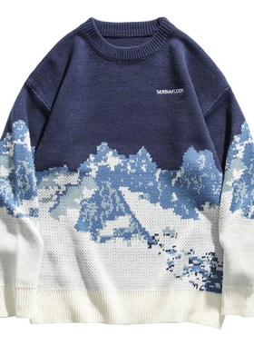 Autumn Winter Snow Mountain Letter print Knitted sweater men