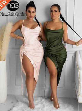 NewAsia Ruched Satin Summer Dress Drawstring Spaghetti Strap