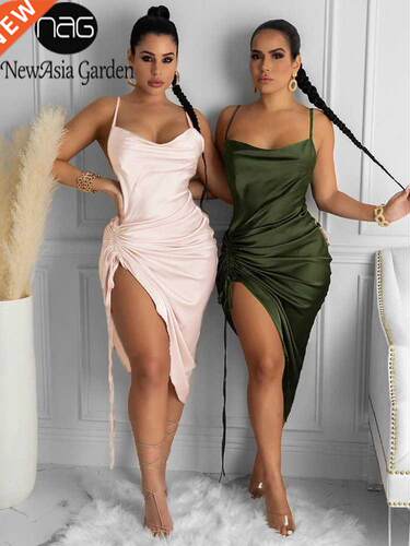 NewAsia Ruched Satin Summer Dress Drawstring Spaghetti Strap
