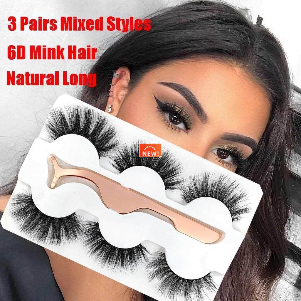 3 pairs 6d mink false eyelashes with tweezer crisscross