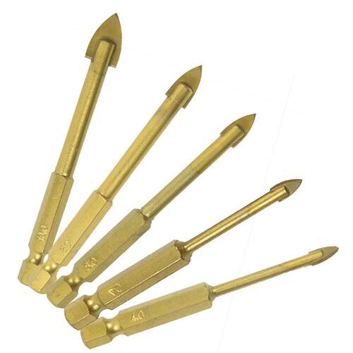 5pcs Titanium Coated Glass Drill Bit Set 3mm 4mm 6mm 8mm 10m