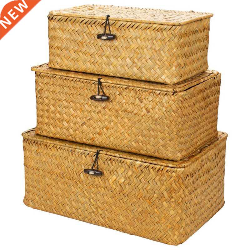 Woven Wicker Storage Bins with Lid - Set of 3 - Rectangular