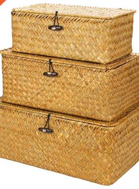 Woven Wicker Storage Bins with Lid - Set of 3 - Rectangular